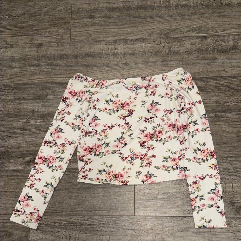 Bershka Floral Off-Shoulder Top - White and Pink